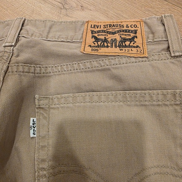 Levis 505 Jeans Mens 32x32 Tan Khaki Regular Fit Straight Leg White Tab - Picture 12 of 14